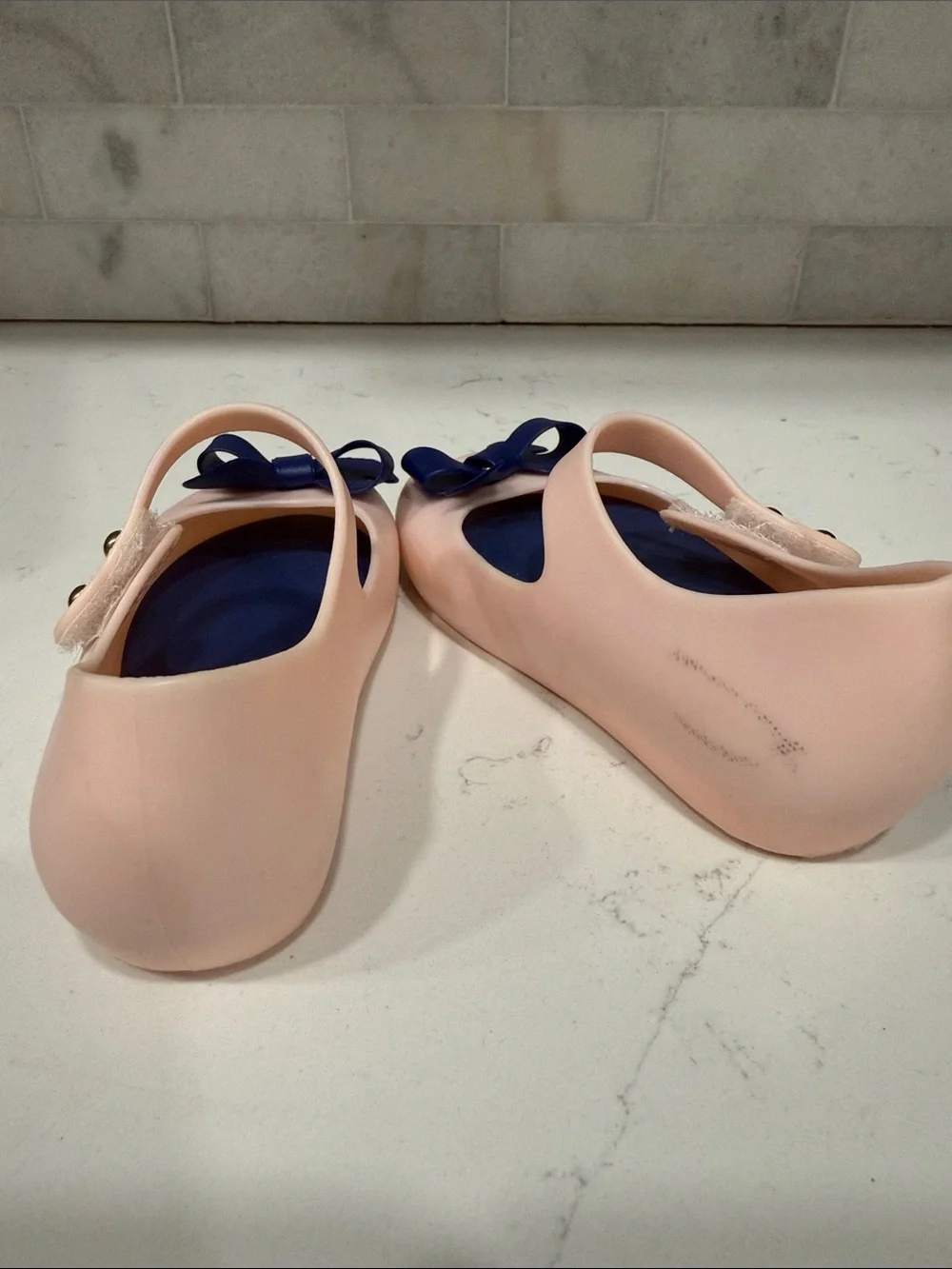 MiniMelissa Girls Pink Jelly Mary Jane Shoes with Navy Bow